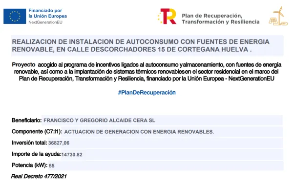 Instalación de autoconsumo con energía renovable financiada por la Unión Europea – NextGenerationEU (Plan de Recuperación, Transformación y Resiliencia)